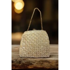 Vintage Elegant Beaded Hong Kong Cream Gold Chain Purse Bag (D2)